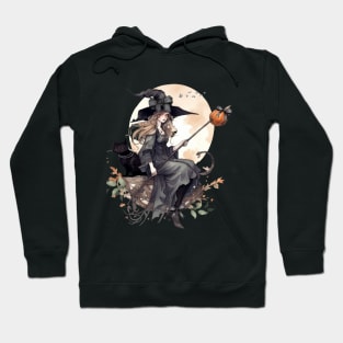 Mystical Witch and Her Black Cat with Ravens and A Harvest Moon Hoodie